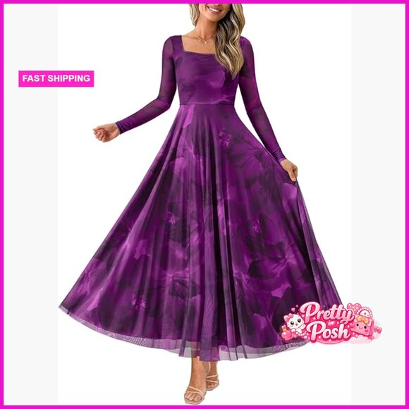 Long Sleeve Square Neck Floral Maxi Dress Formal Wedding Guest